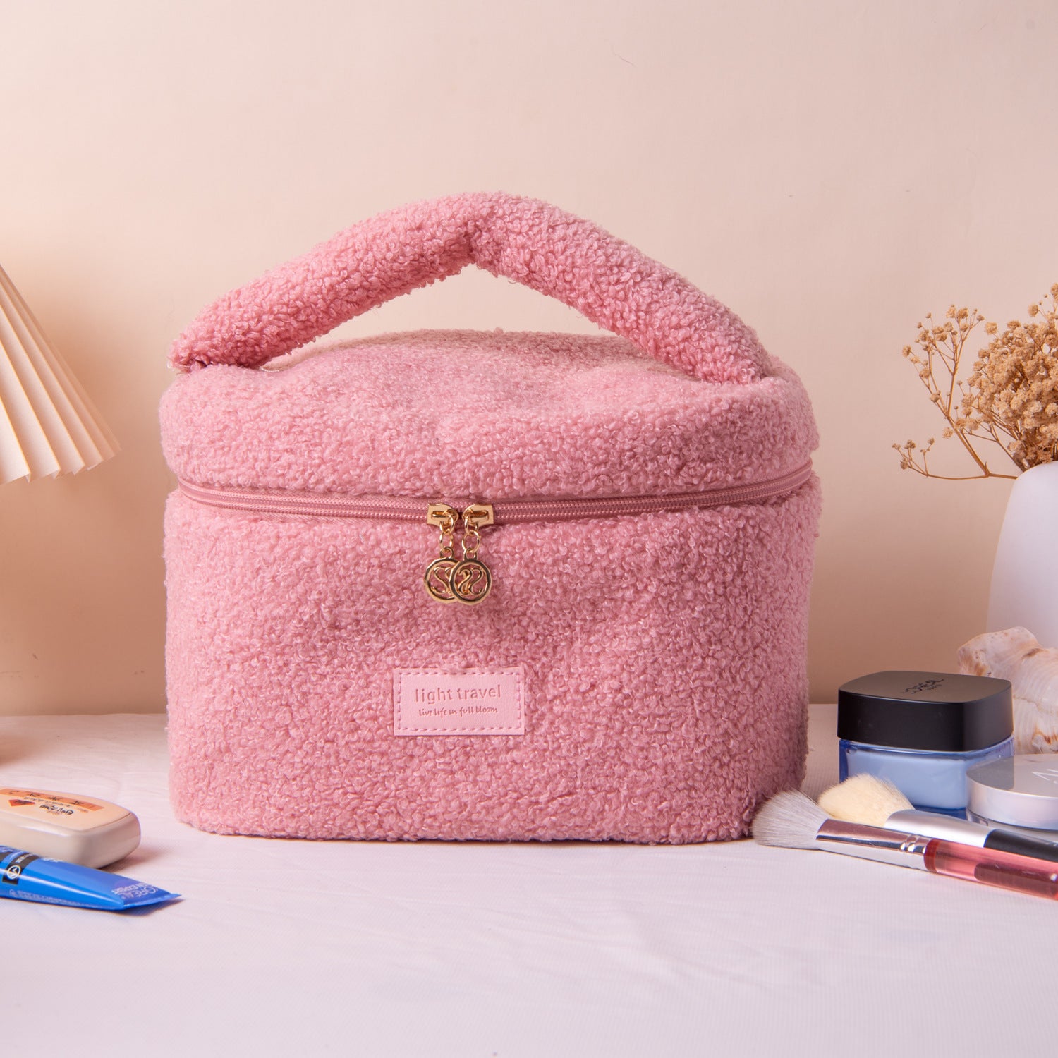 Large Plush Teddy Fleece Cosmetic Bag - Soft Sherpa Makeup Case with Handle - Pink Travel Toiletry Organiser (26cm)