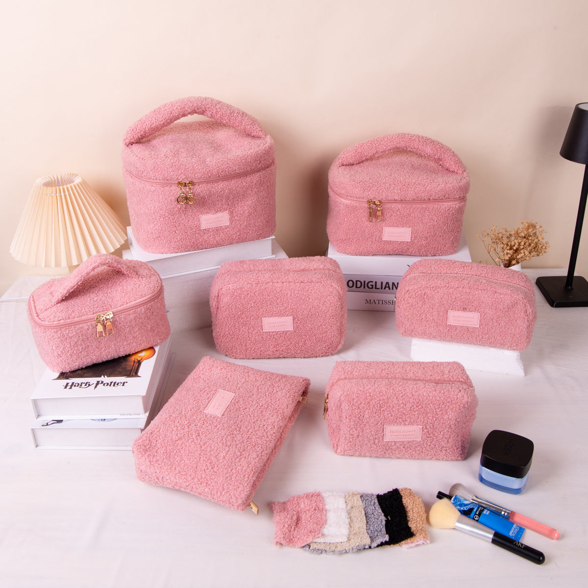 Large Plush Teddy Fleece Cosmetic Bag - Soft Sherpa Makeup Case with Handle - Pink Travel Toiletry Organiser (26cm)