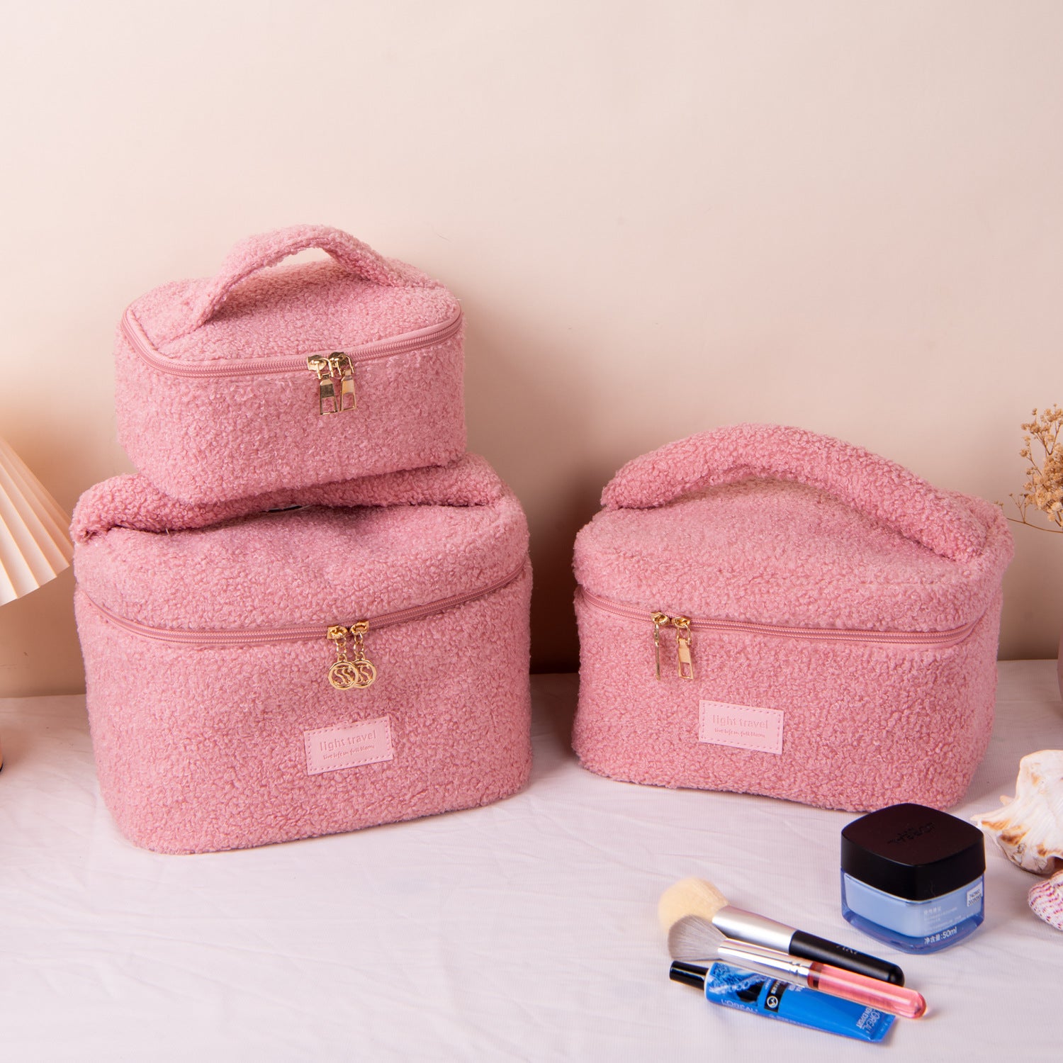 Small Pink Teddy Fleece Cosmetic Bag - Compact Soft Sherpa Makeup Pouch - Daily Purse Organiser for Lipstick & Essentials (18cm)