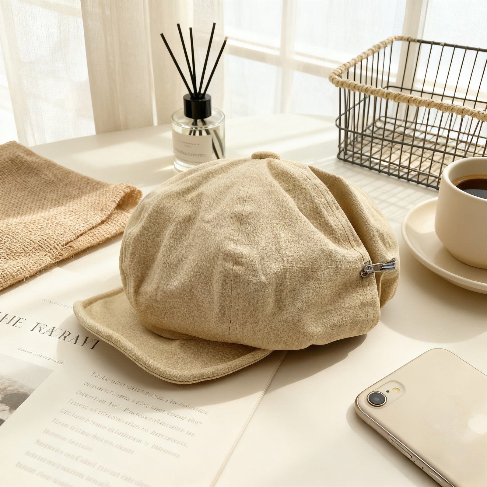 Oversized Slouchy Newsboy Cap - Vintage Japanese Style Baker Boy Hat - Soft Textured Fabric - Khaki (Adjustable 54-60cm)