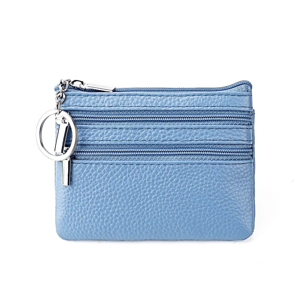 Genuine Leather Coin Purse Mini Wallet with Triple Zipper Pockets Key Ring Holder Pouch for Cash & Cards - Light Blue