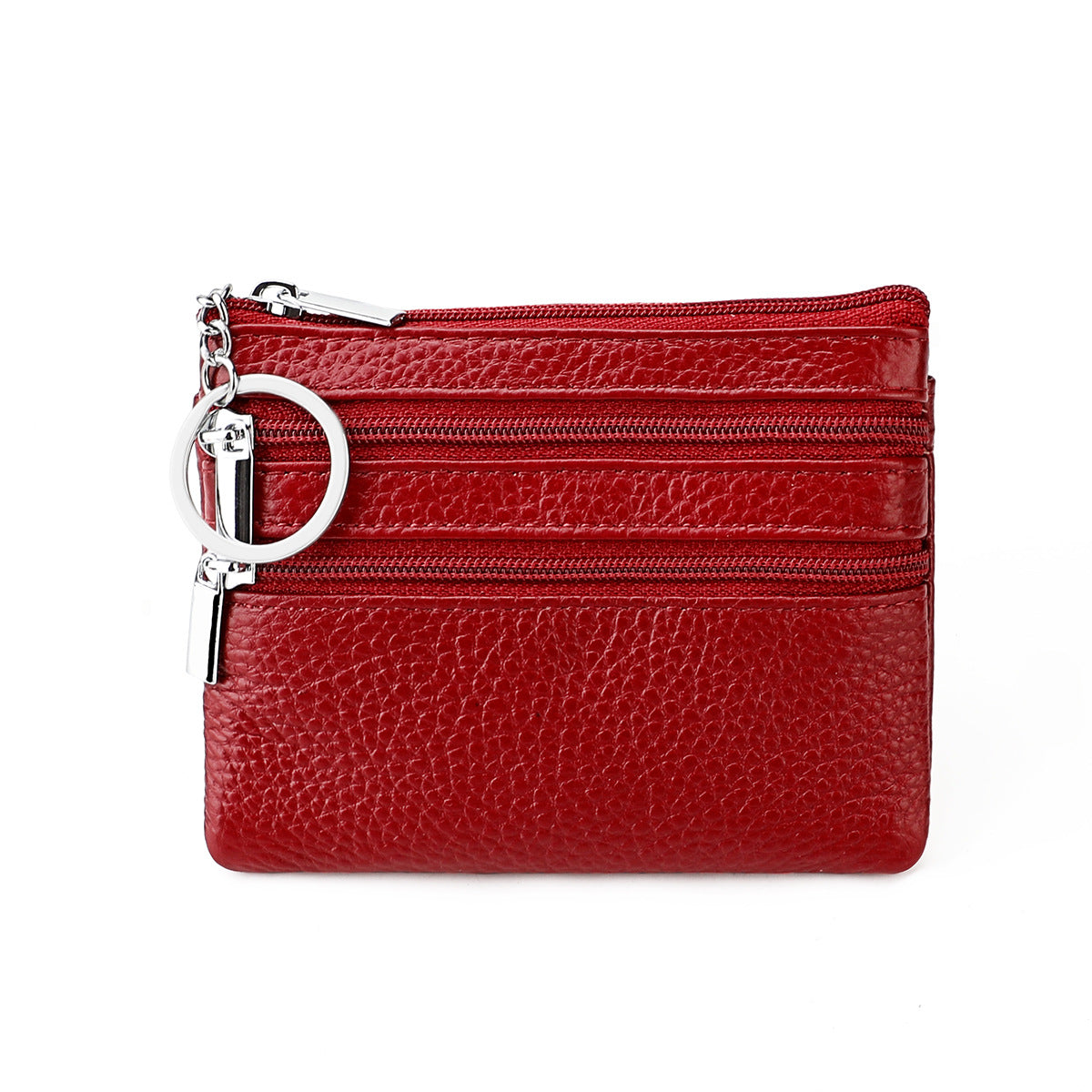 Genuine Leather Coin Purse Mini Wallet with Triple Zipper Pockets Key Ring Holder Pouch for Cash &amp; Cards - Burgundy
