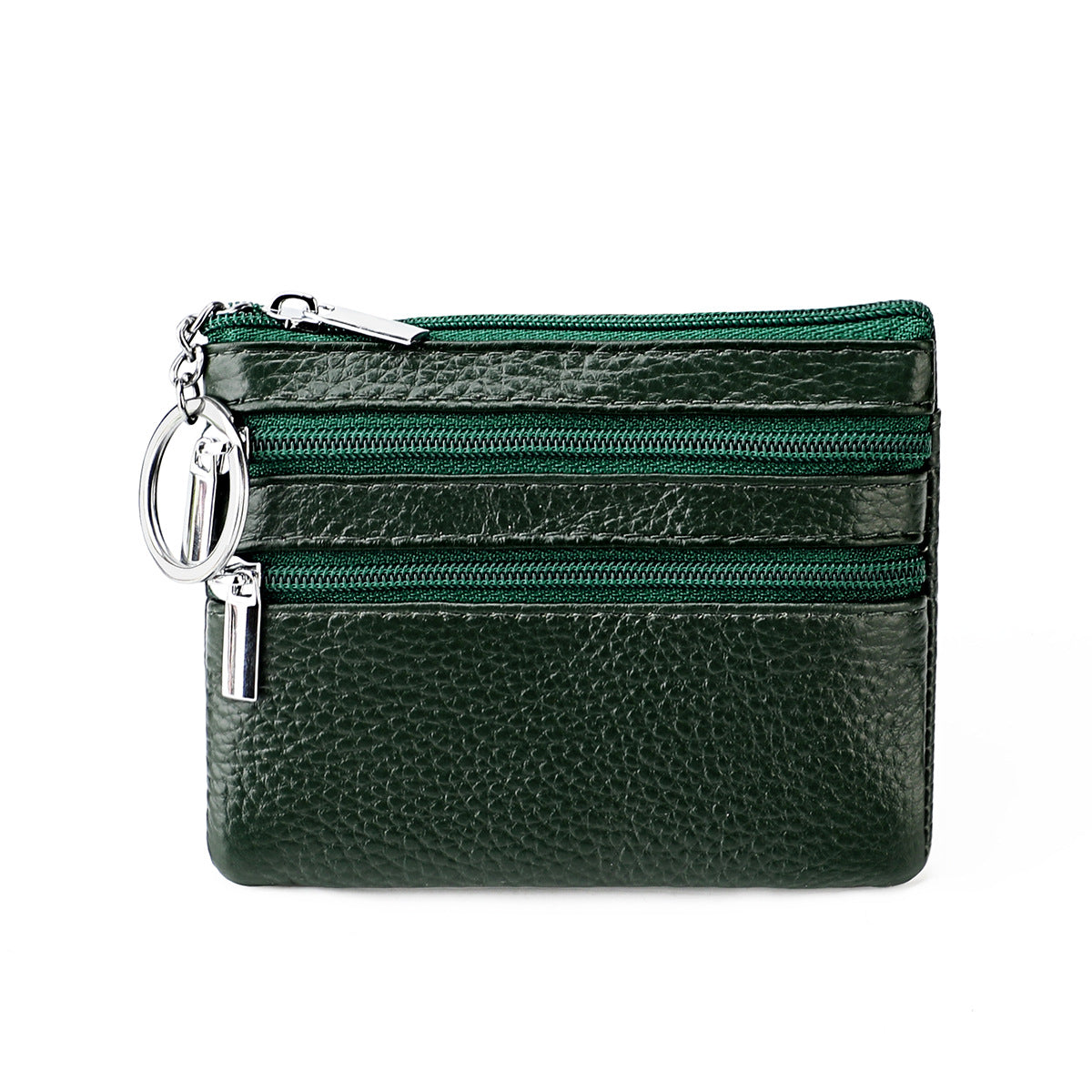 Genuine Leather Coin Purse Mini Wallet with Triple Zipper Pockets Key Ring Holder Pouch for Cash &amp; Cards - Dark Green