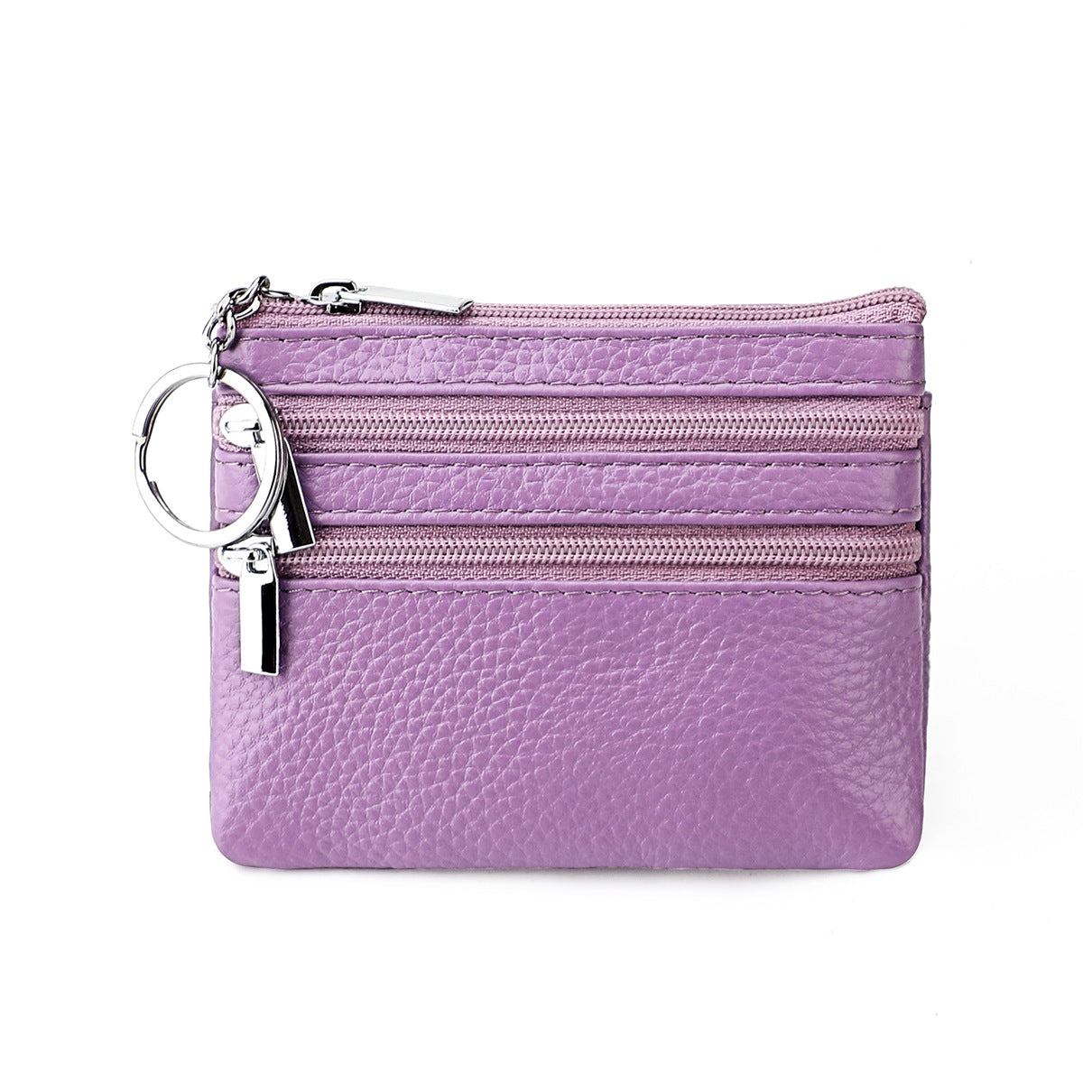 Genuine Leather Coin Purse Mini Wallet with Triple Zipper Pockets Key Ring Holder Pouch for Cash &amp; Cards - Light Purple