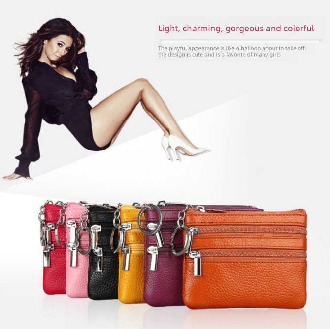 Genuine Leather Coin Purse Mini Wallet with Triple Zipper Pockets Key Ring Holder Pouch for Cash & Cards - Peanut Butter Pink