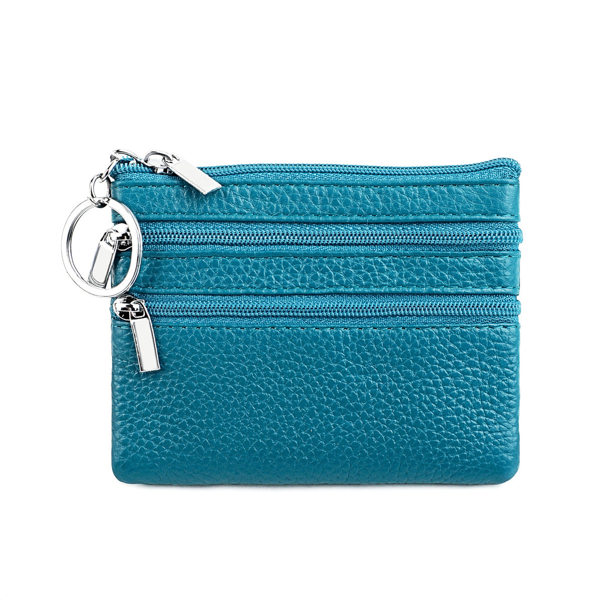 Genuine Leather Coin Purse Mini Wallet with Triple Zipper Pockets Key Ring Holder Pouch for Cash & Cards - Lake Blue