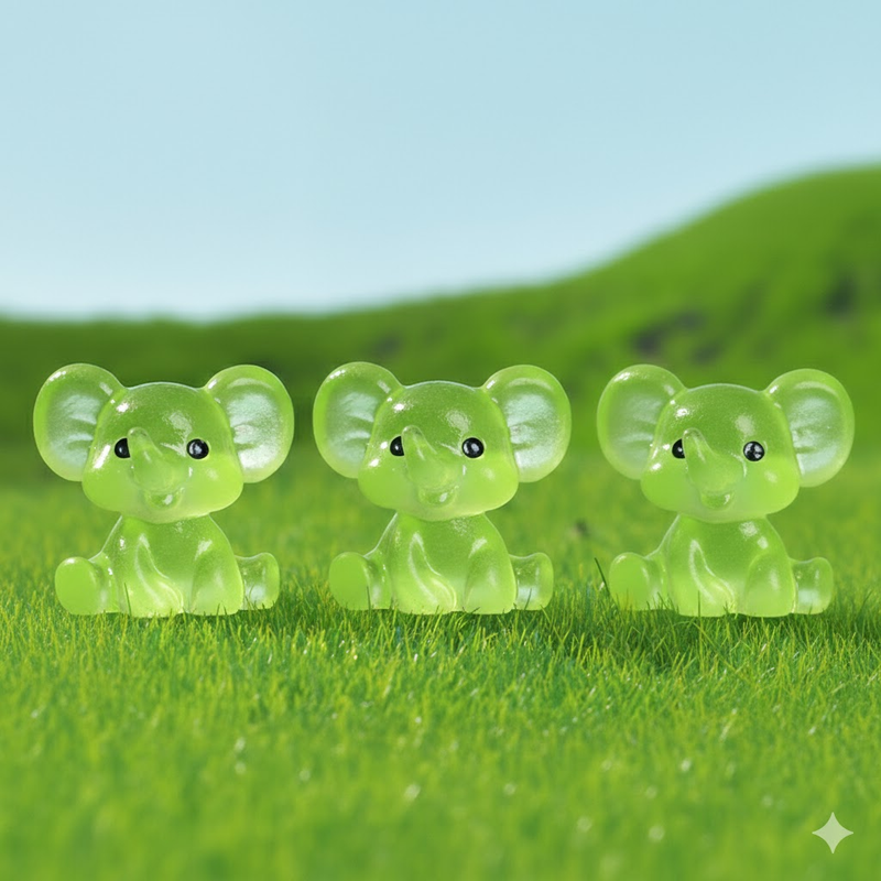 3 PCS Set Mini Luminous Green Elephant Figurines Split Pose Glow in the Dark Resin Ornaments for Micro Landscape Garden and Desk Decor