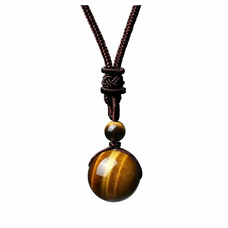Handmade Woven Tiger Eye Stone Pendant Necklace Vintage Natural 14mm Gemstone Jewelry for Men and Women Simple Retro Style Accessory