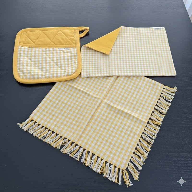 3-Piece Yellow Gingham Cotton Kitchen Linen Set - Reversible Placemat, Fringed Napkin & Quilted Pot Holder - Yarn Dyed Checkered Dining Bundle