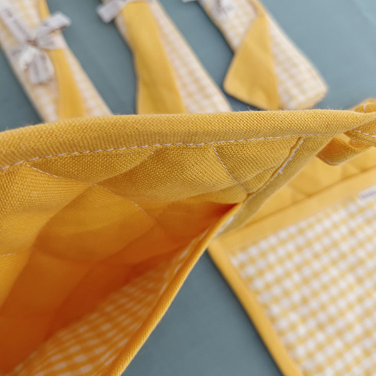 3-Piece Yellow Gingham Cotton Kitchen Linen Set - Reversible Placemat, Fringed Napkin & Quilted Pot Holder - Yarn Dyed Checkered Dining Bundle