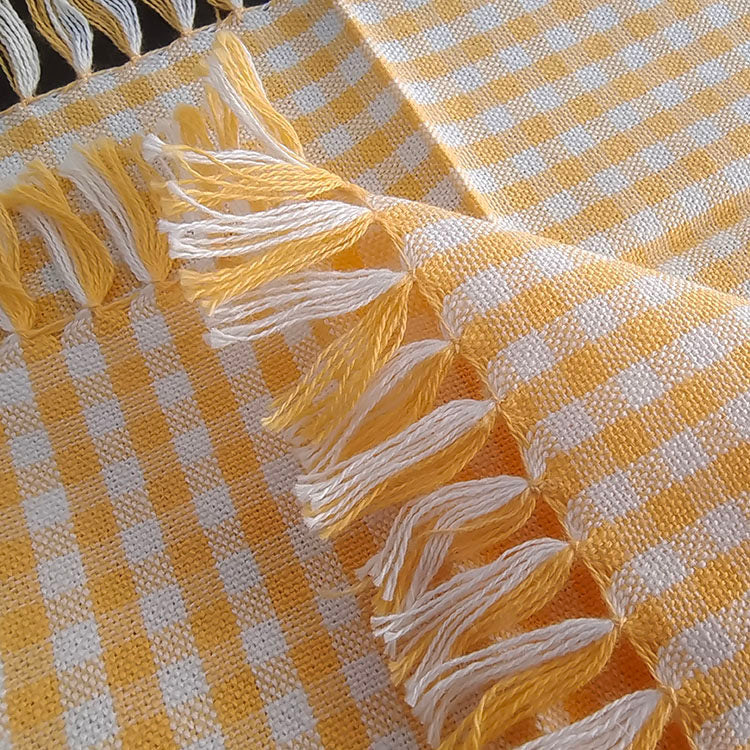 3-Piece Yellow Gingham Cotton Kitchen Linen Set - Reversible Placemat, Fringed Napkin & Quilted Pot Holder - Yarn Dyed Checkered Dining Bundle