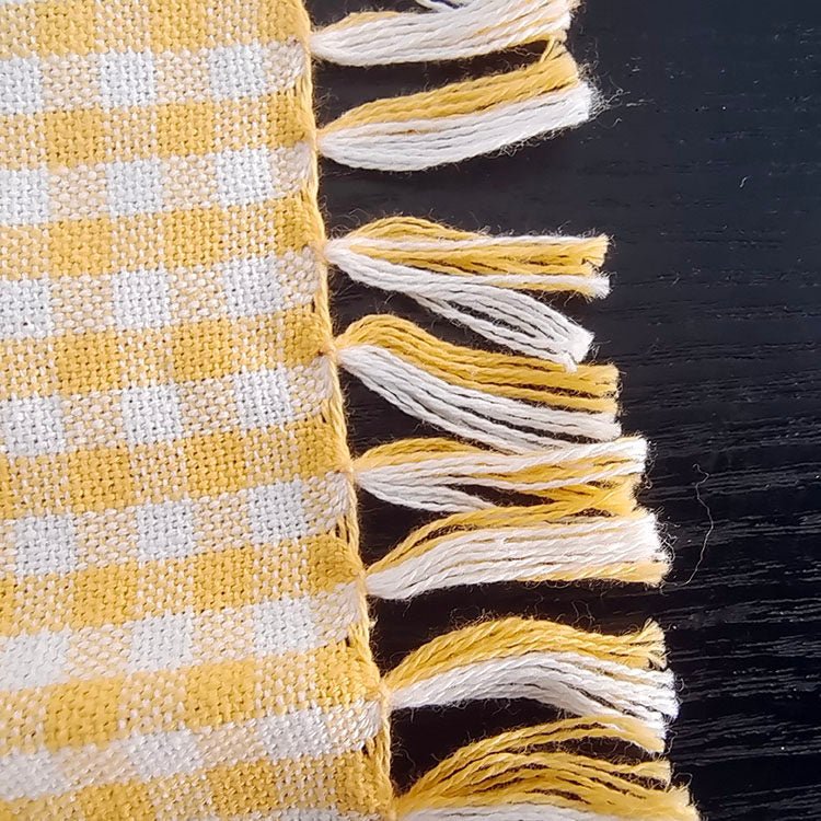 3-Piece Yellow Gingham Cotton Kitchen Linen Set - Reversible Placemat, Fringed Napkin & Quilted Pot Holder - Yarn Dyed Checkered Dining Bundle