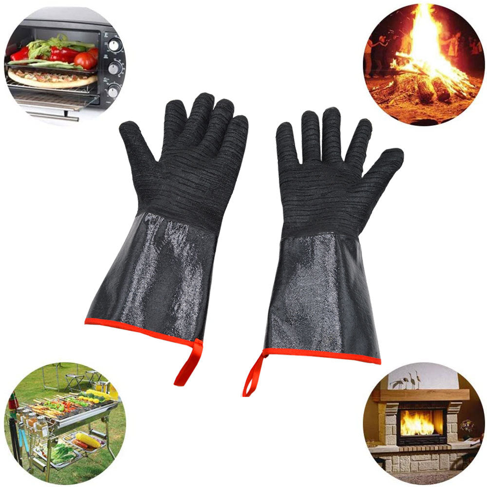 14 Inch Neoprene Heat Resistant BBQ Gloves - Waterproof &amp; Oil Proof Long Sleeve Mitts - Extreme Heat Protection for Grilling, Boiling Water &amp; Industrial Use (Black)