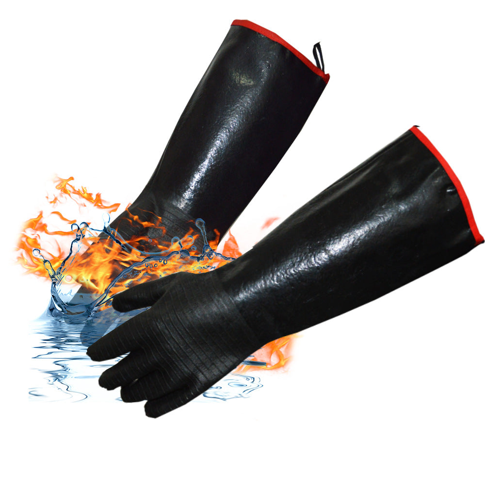 14 Inch Neoprene Heat Resistant BBQ Gloves - Waterproof & Oil Proof Long Sleeve Mitts - Extreme Heat Protection for Grilling, Boiling Water & Industrial Use (Black)