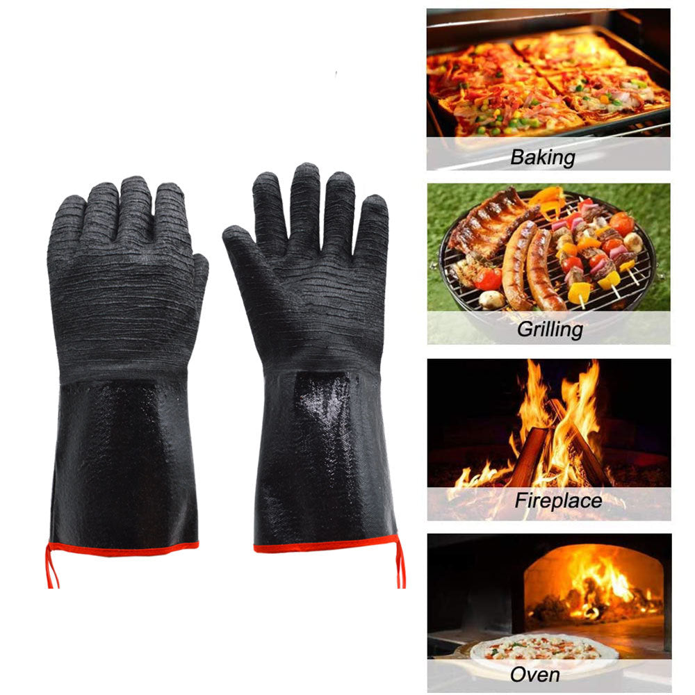 16 Inch Neoprene Heat Resistant BBQ Gloves - Waterproof &amp; Oil Proof Long Sleeve Mitts - Extreme Heat Protection for Grilling, Boiling Water &amp; Industrial Use (Black)
