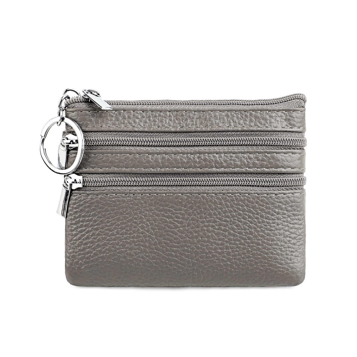 Genuine Leather Coin Purse Mini Wallet with Triple Zipper Pockets Key Ring Holder Pouch for Cash & Cards - Grey