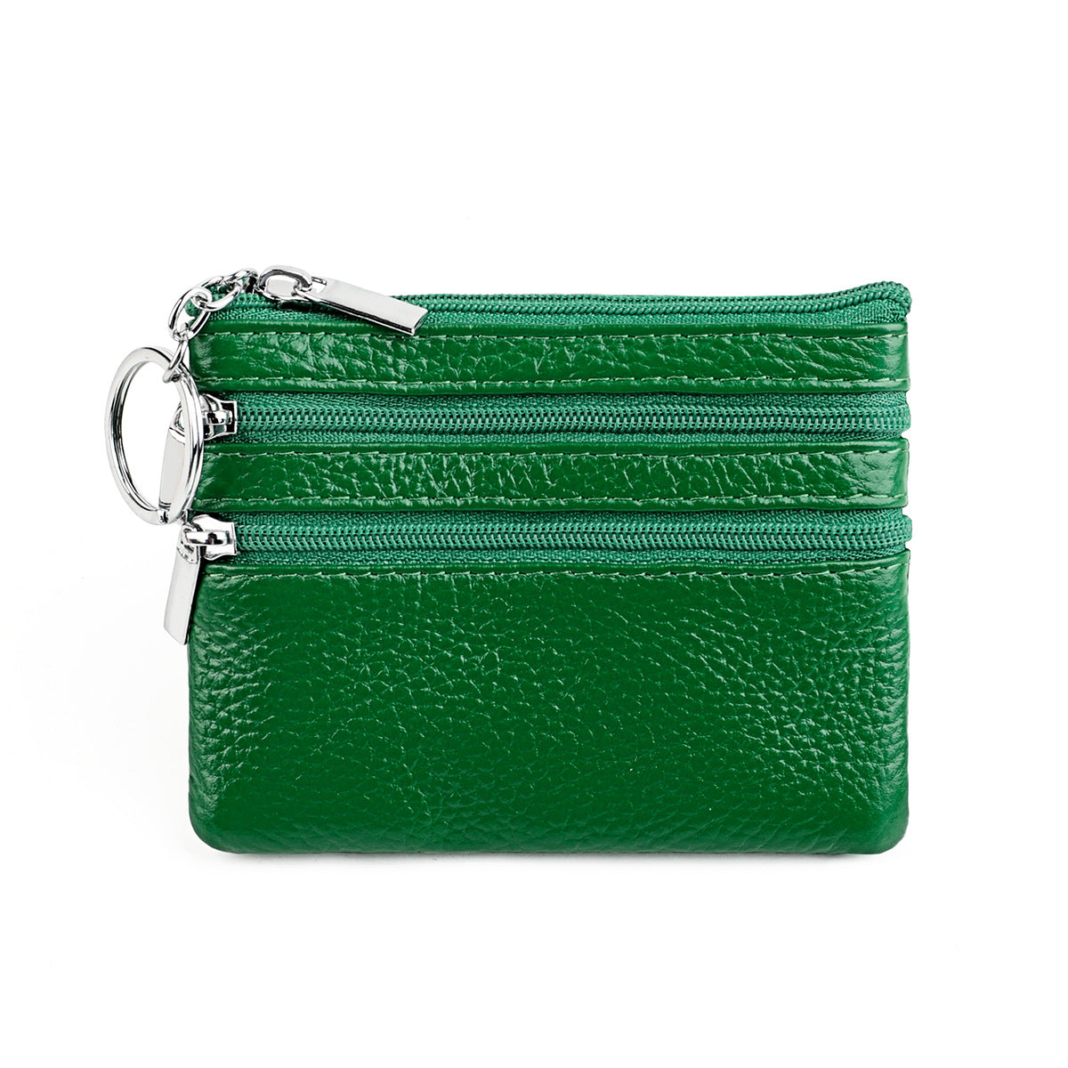 Genuine Leather Coin Purse Mini Wallet with Triple Zipper Pockets Key Ring Holder Pouch for Cash &amp; Cards - Bright Green