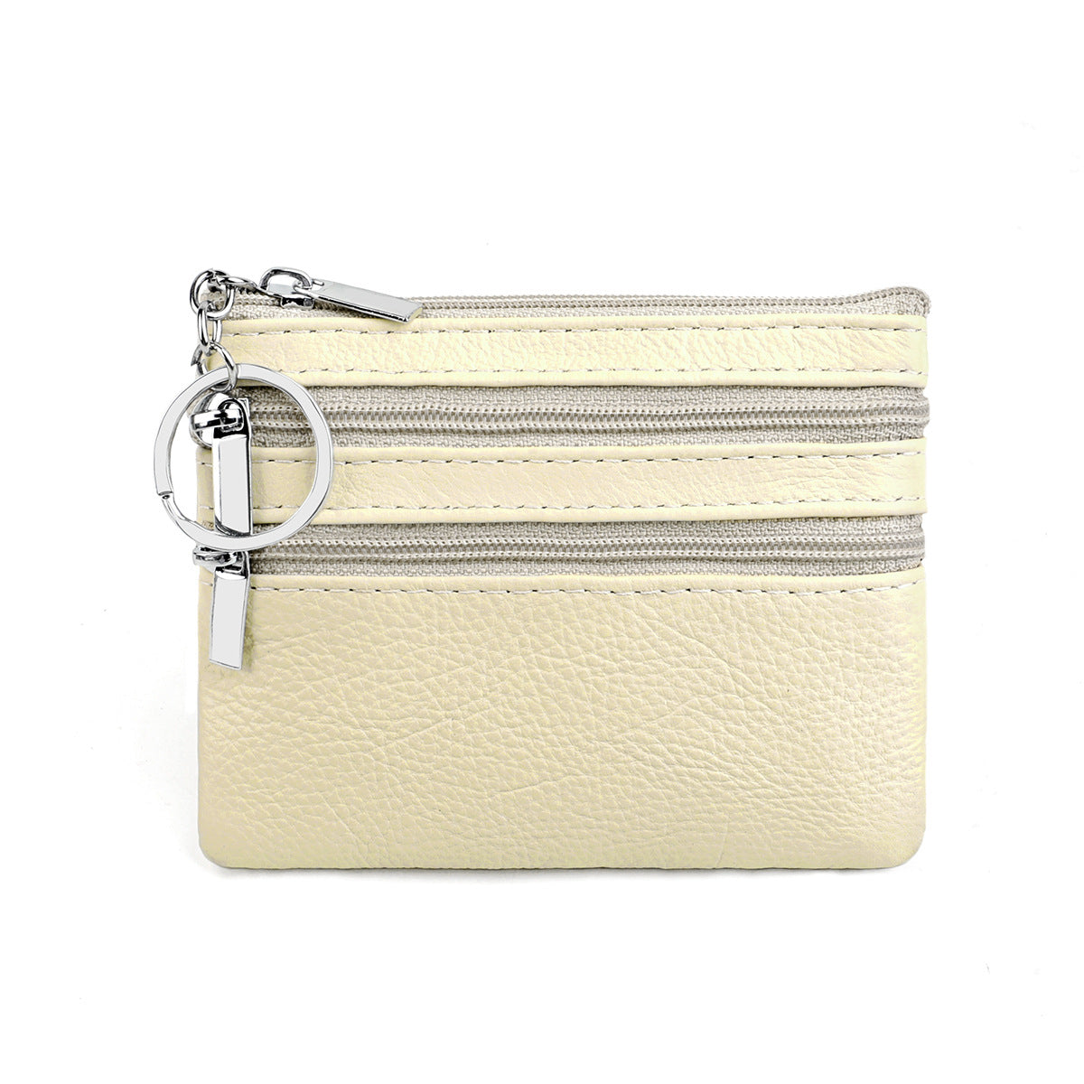Genuine Leather Coin Purse Mini Wallet with Triple Zipper Pockets Key Ring Holder Pouch for Cash &amp; Cards - Beige White