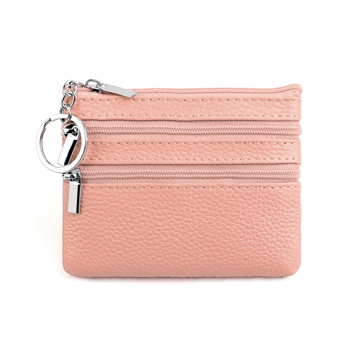 Genuine Leather Coin Purse Mini Wallet with Triple Zipper Pockets Key Ring Holder Pouch for Cash & Cards - Peach Blossom Pink