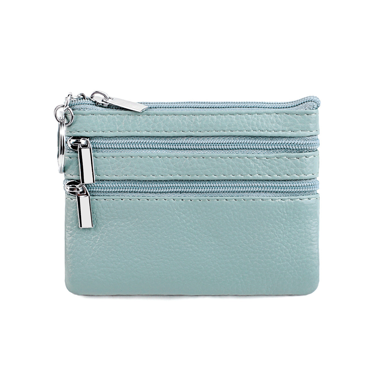 Genuine Leather Coin Purse Mini Wallet with Triple Zipper Pockets Key Ring Holder Pouch for Cash &amp; Cards - Sky Blue