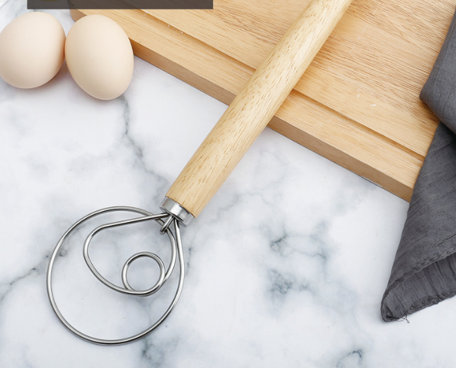Danish Dough Whisk with Long Oak Handle - 13 Inch Stainless Steel Bread Mixer Tool for Sourdough, Pizza & Pastry - Heavy Duty Hand Held Flour Blender (Single Loop Design)