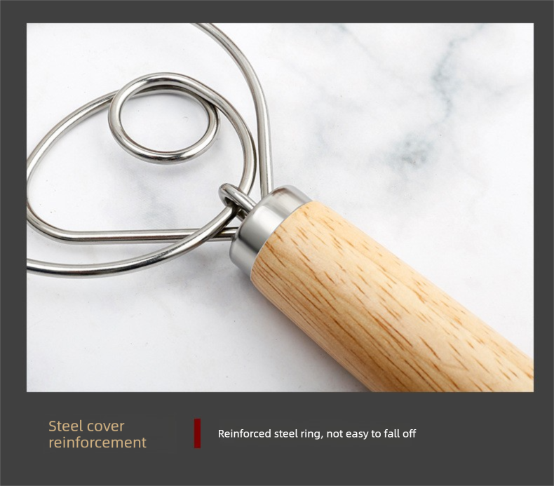 Danish Dough Whisk with Long Oak Handle - 13 Inch Stainless Steel Bread Mixer Tool for Sourdough, Pizza & Pastry - Heavy Duty Hand Held Flour Blender (Single Loop Design)