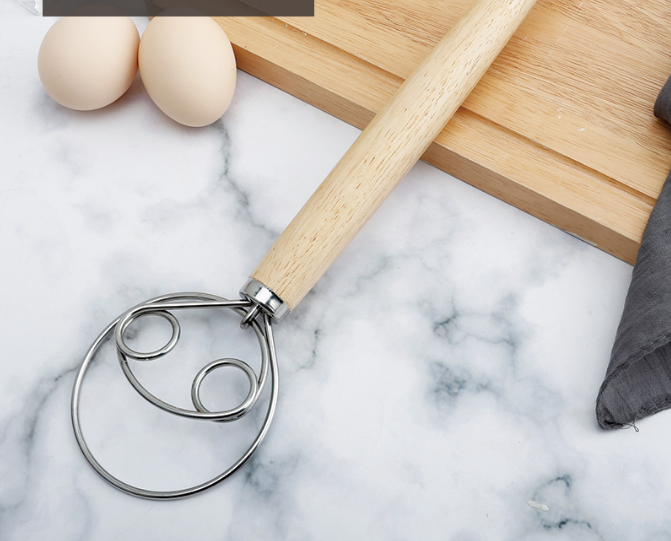 Double Loop Danish Dough Whisk with Long Oak Handle - 13 Inch Stainless Steel Bread Mixer Tool for Sourdough &amp; Heavy Batter - Hand Held Flour Blender (Two Eye Design)