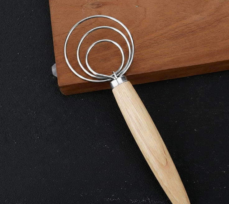 Triple Loop Danish Dough Whisk with Short Oak Handle - 9 Inch Compact Stainless Steel Mixer for Sourdough Starters, Eggs & Batter - Hand Held Flour Blender (3 Eye Design)