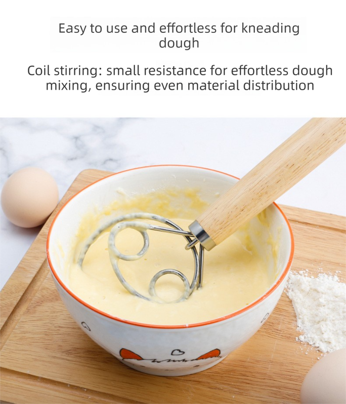 Triple Loop Danish Dough Whisk with Short Oak Handle - 9 Inch Compact Stainless Steel Mixer for Sourdough Starters, Eggs & Batter - Hand Held Flour Blender (3 Eye Design)