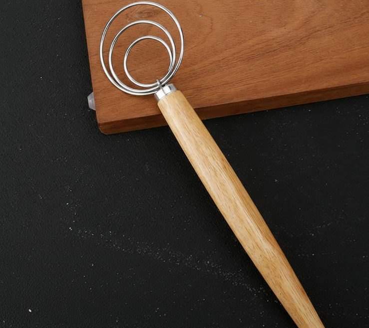 Triple Loop Danish Dough Whisk with Long Oak Handle - 13 Inch Stainless Steel Bread Mixer for Sourdough, Eggs & Batter - Hand Held Flour Blender (3 Eye Design)