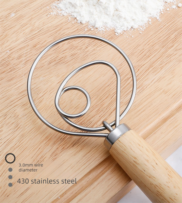 Triple Loop Danish Dough Whisk with Long Oak Handle - 13 Inch Stainless Steel Bread Mixer for Sourdough, Eggs & Batter - Hand Held Flour Blender (3 Eye Design)