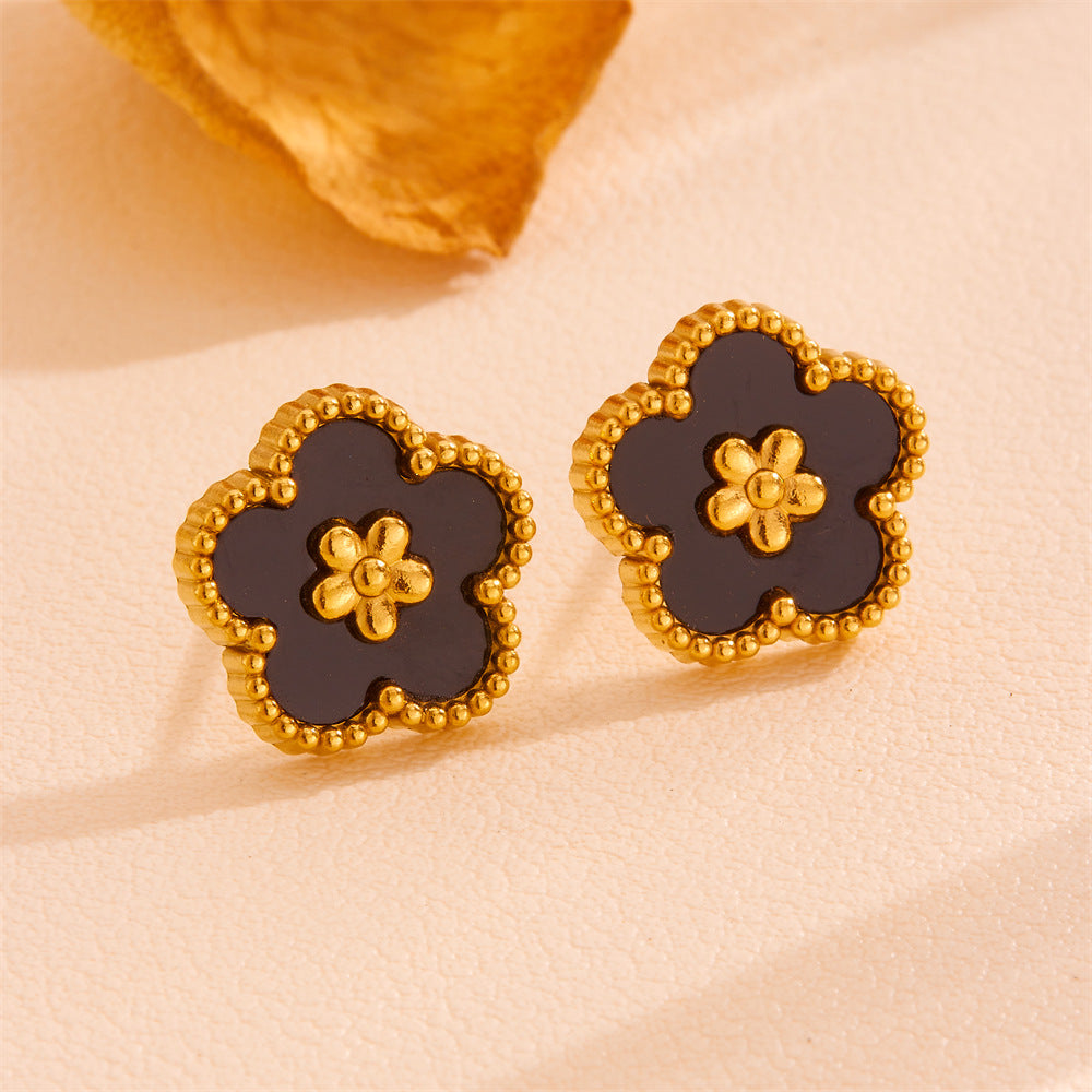 Black Shell Five-Petal Flower Stud Earrings - 18K Gold Plated Stainless Steel Floral Jewellery for Women - Hypoallergenic & Tarnish Resistant (13mm)