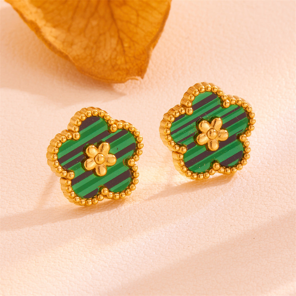 Green Shell Five-Petal Flower Stud Earrings - 18K Gold Plated Stainless Steel Floral Jewellery for Women - Hypoallergenic &amp; Tarnish Resistant (13mm)