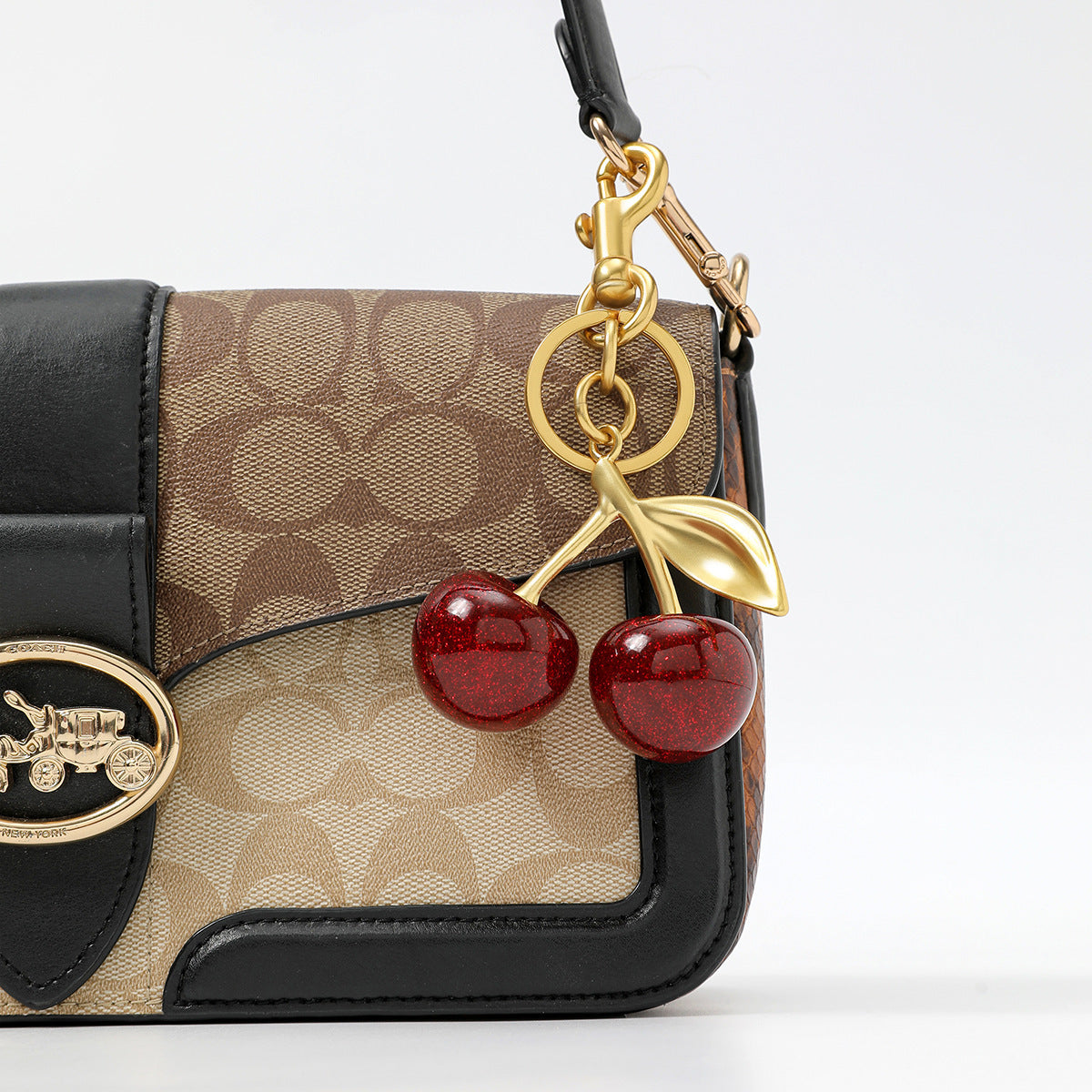 Luxury Sparkly Red Cherry Bag Charm Keychain - Gold Tone Metal Fruit Keyring with Glitter Finish - Cute Purse Accessory for Handbags & Car Keys (11.5cm)