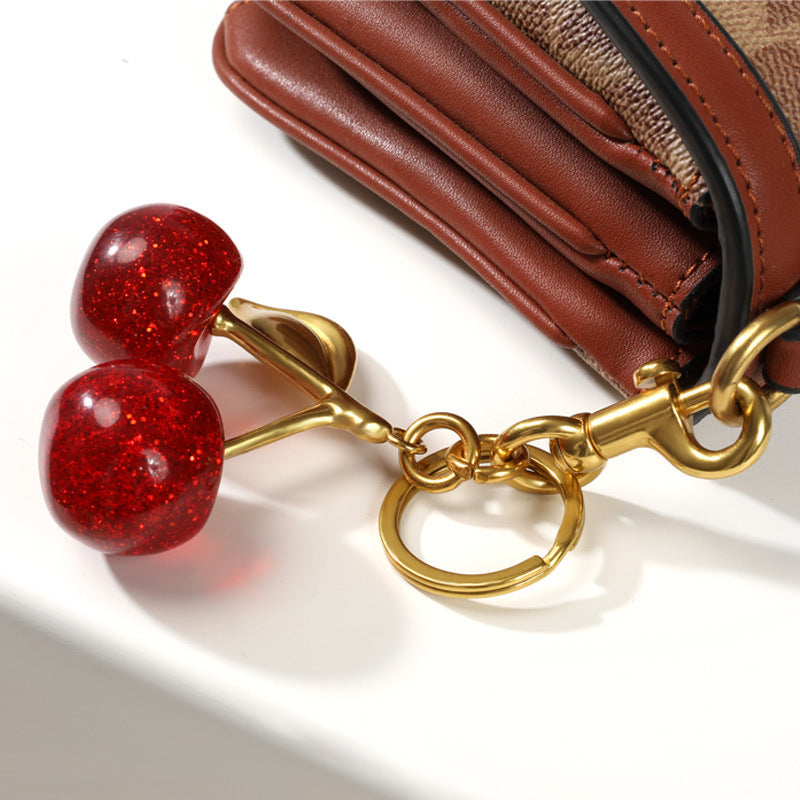 Luxury Sparkly Red Cherry Bag Charm Keychain - Gold Tone Metal Fruit Keyring with Glitter Finish - Cute Purse Accessory for Handbags & Car Keys (11.5cm)