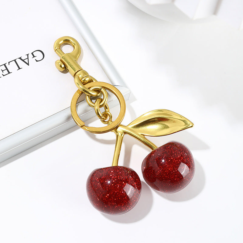 Luxury Sparkly Red Cherry Bag Charm Keychain - Gold Tone Metal Fruit Keyring with Glitter Finish - Cute Purse Accessory for Handbags & Car Keys (11.5cm)