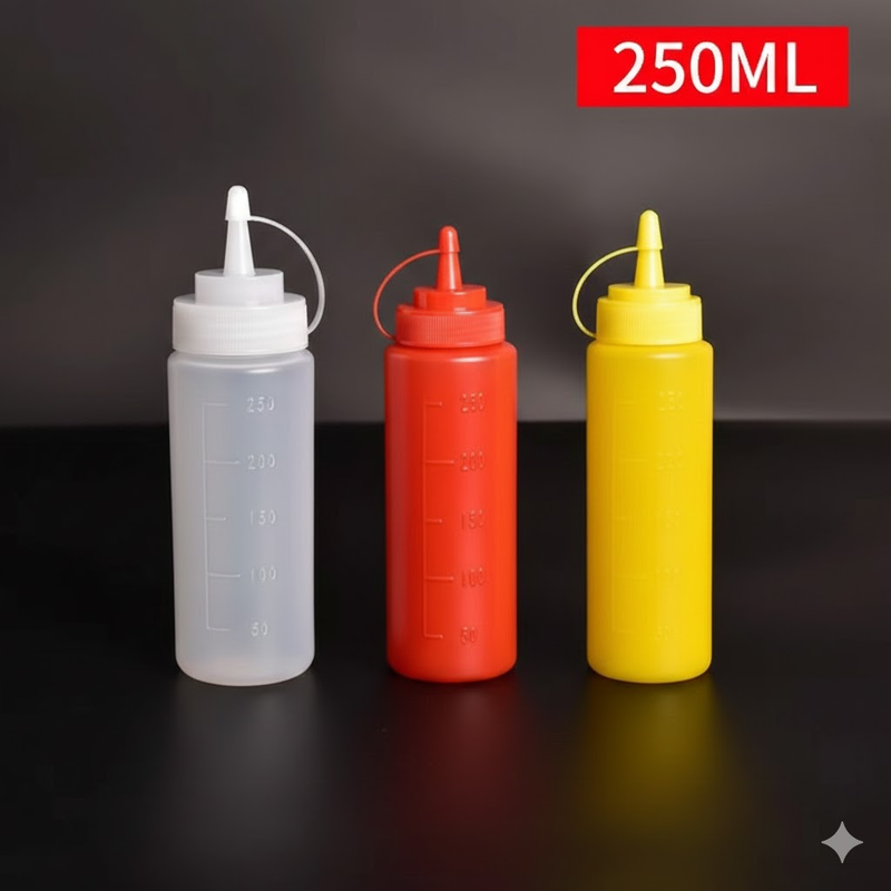 3 PCS Squeeze Sauce Bottles 250ml Plastic Condiment Dispensers for Kitchen BBQ & Cafe Refillable Ketchup Mustard Containers White&Red&Yellow