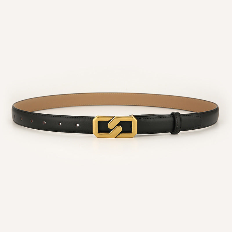 Womens Genuine Leather Belt Black 2.3cm Wide Gold Buckle Waist Strap for Jeans &amp; Dresses Elegant Fashion Accessory