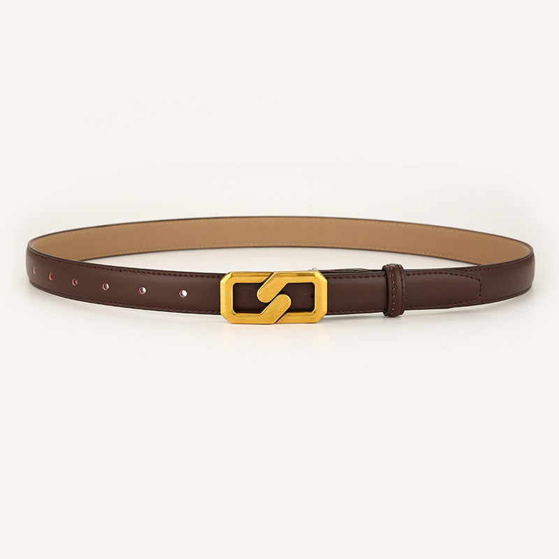 Womens Genuine Leather Belt Coffee 2.3cm Wide Gold Buckle Waist Strap for Jeans &amp; Dresses Elegant Fashion Accessory