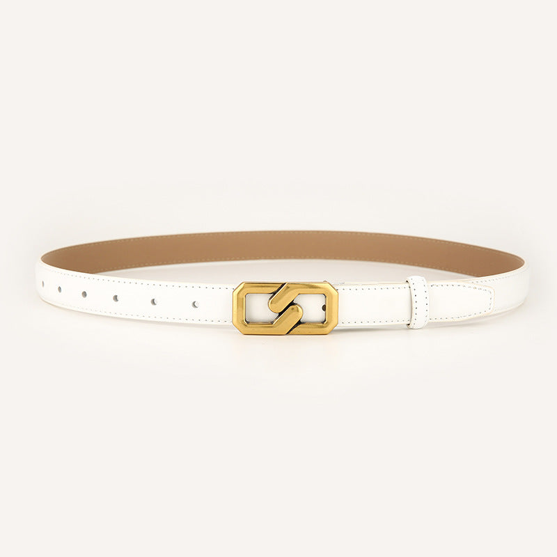 Womens Genuine Leather Belt White 2.3cm Wide Gold Buckle Waist Strap for Jeans &amp; Dresses Elegant Fashion Accessory