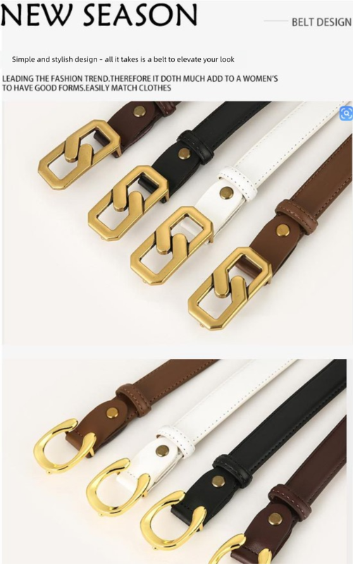 Womens Genuine Leather Belt White 2.3cm Wide Gold Buckle Waist Strap for Jeans & Dresses Elegant Fashion Accessory