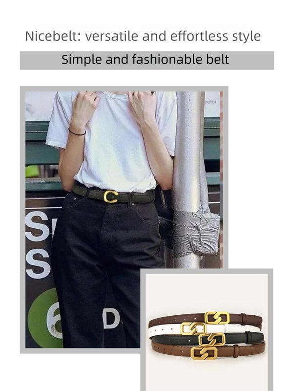 Womens Genuine Leather Belt White 2.3cm Wide Gold Buckle Waist Strap for Jeans & Dresses Elegant Fashion Accessory