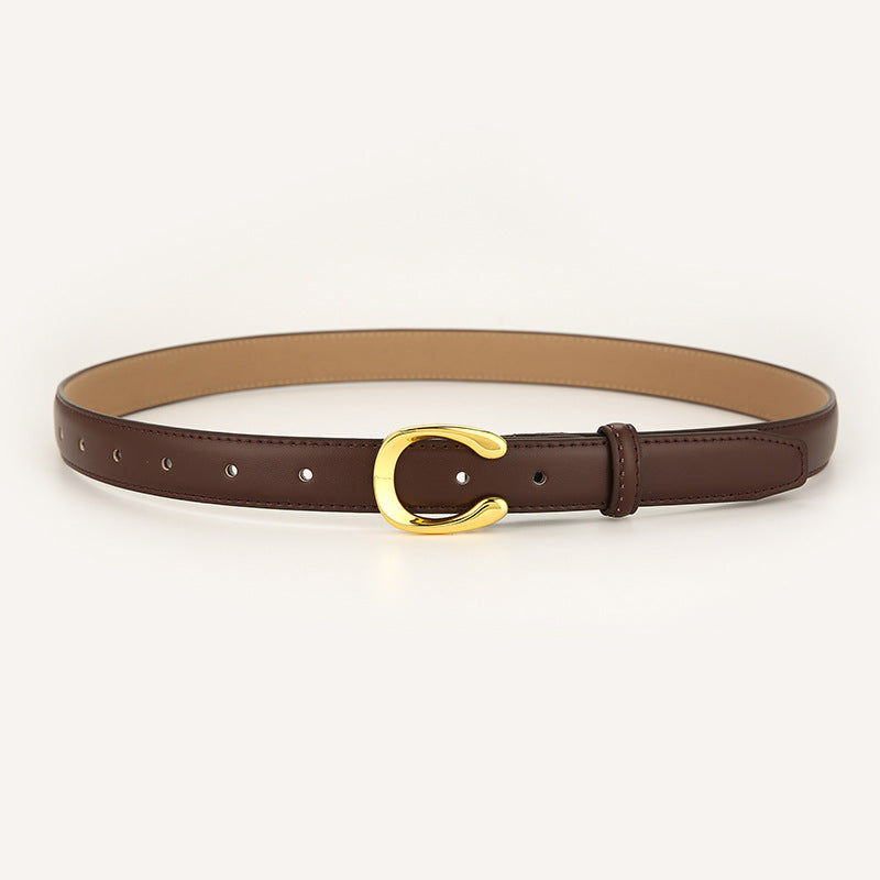 Womens Genuine Leather Belt Coffee C-Shape Gold Buckle Waist Strap for Jeans & Dresses Classic Fashion Accessory