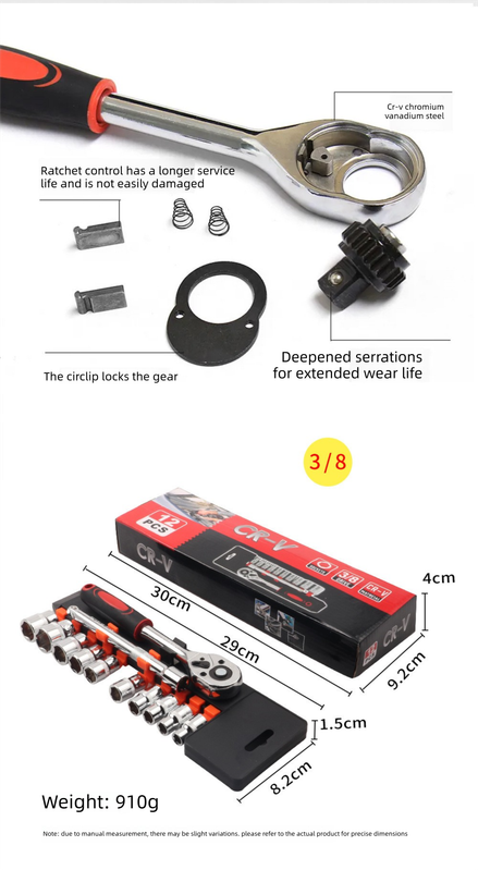 12 Piece 3/8 Inch Drive Ratchet and Metric Socket Wrench Set Professional Mechanics Tool Kit for Automotive Repair and DIY Workshop