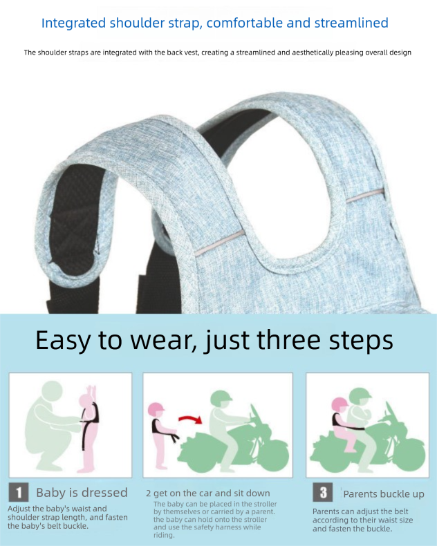 Children Motorcycle Safety Harness for Electric Bike Adjustable Kids Security Strap with Storage Bag Light Blue Anti-Fall Protection Gear Front and Rear Use