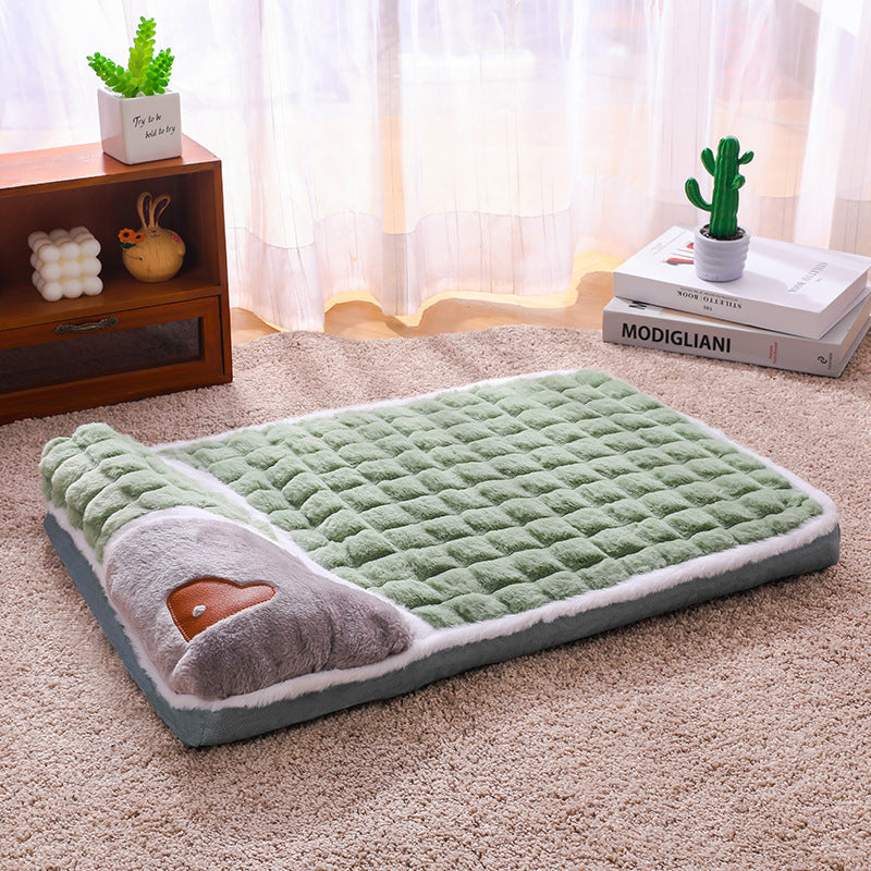 Thickened Pet Sofa Bed S Size 40x25cm Green Dog Mat with Integrated Pillow Soft Washable Sleeping Pad for Dogs and Cats All Season Comfort