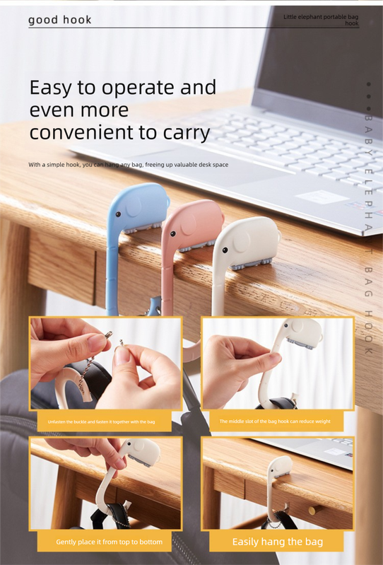 Cartoon Elephant Desk Side Bag Hook Pink Portable Adhesive Schoolbag Hanger No-Drill Movable Table Hook for Students and Office