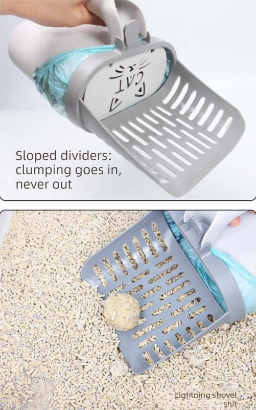 2-in-1 Cat Litter Scoop with Integrated Waste Bin & 1 Roll Refill Bags Detachable Sifter Shovel Anti-Reflux Baffle Grey