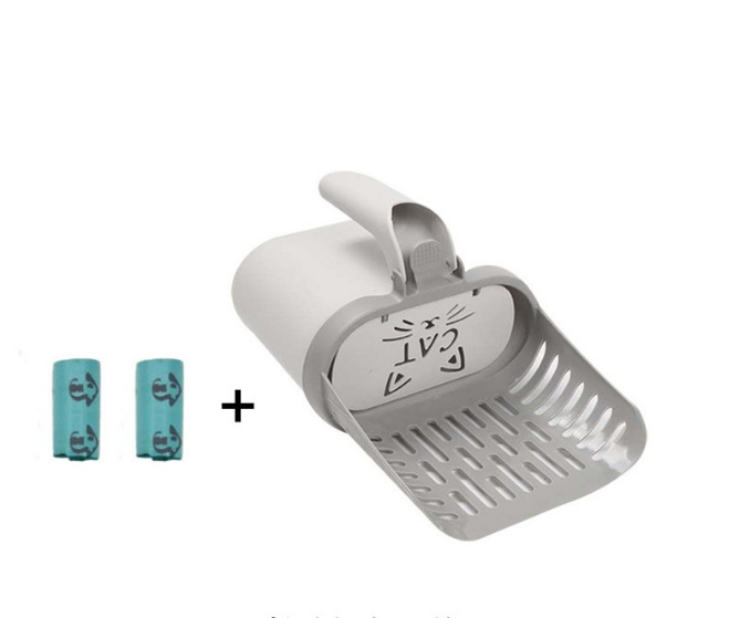 2-in-1 Cat Litter Scoop with Integrated Waste Bin &amp; 2 Rolls Refill Bags Detachable Sifter Shovel Anti-Reflux Baffle Grey