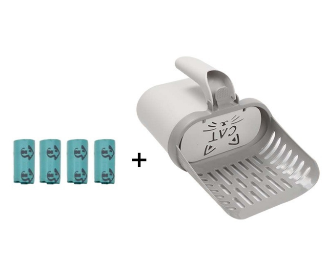 2-in-1 Cat Litter Scoop with Integrated Waste Bin & 4 Rolls Refill Bags Detachable Sifter Shovel Anti-Reflux Baffle Grey